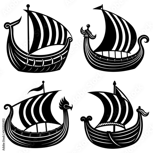 Four viking ships with striped sails and decorative prows in black and white vector illustration