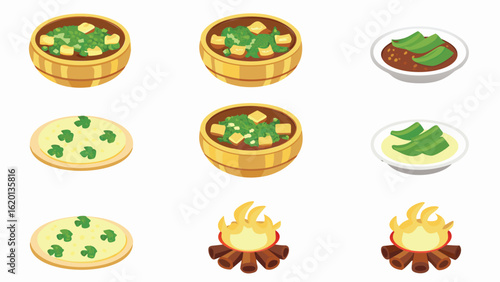 Illustration showing bowls of soup, flatbreads, and campfires arranged in a three by three grid