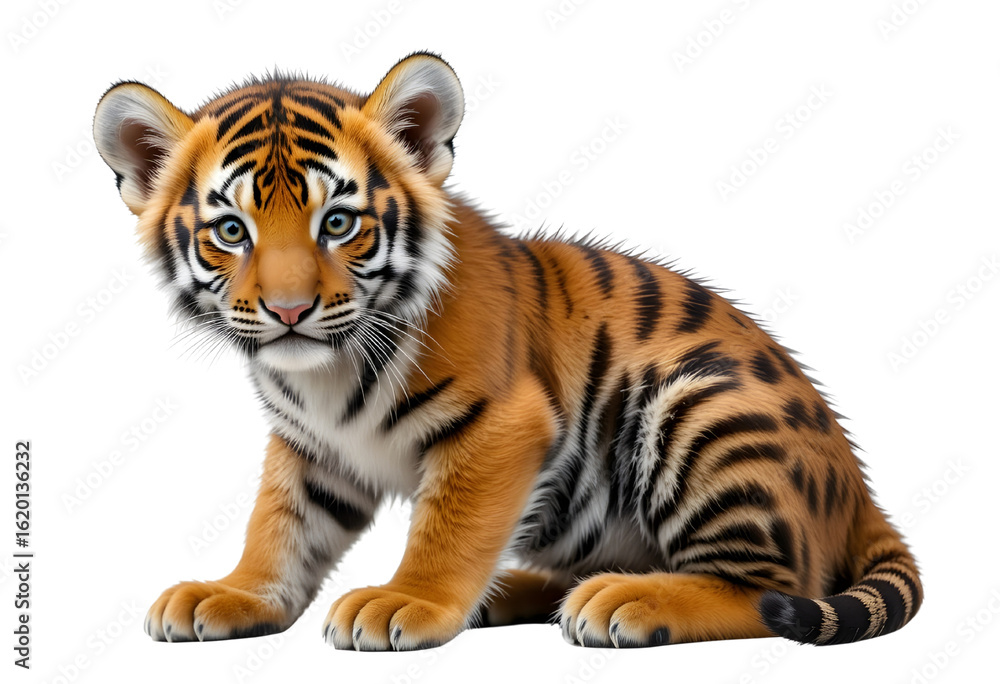 Fototapeta premium Sumatran tiger cub sitting with curious expression– Isolated Transparent PNG