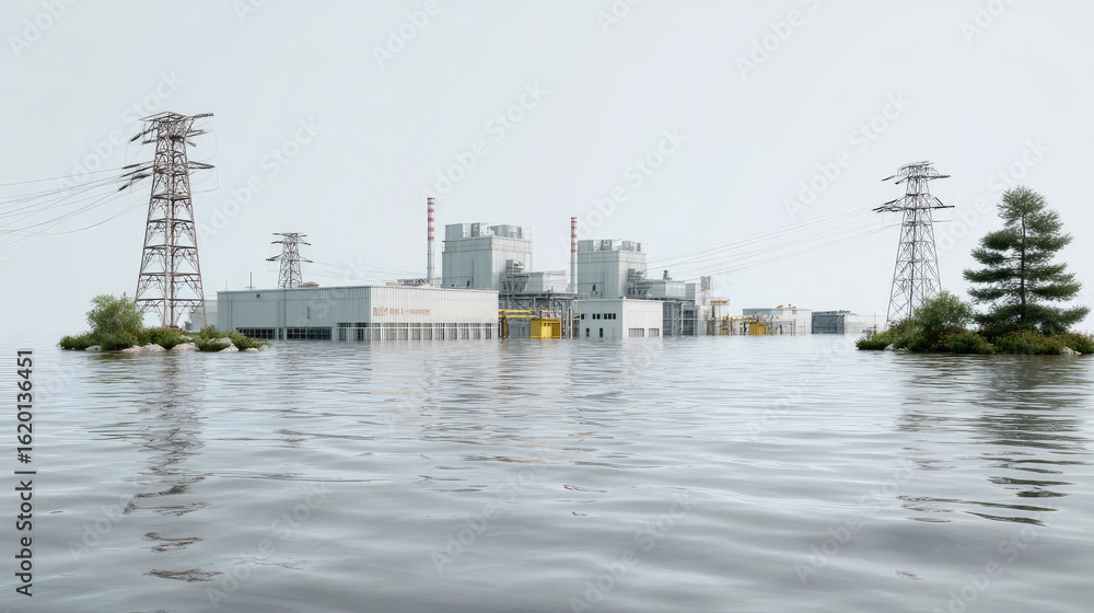 Fototapeta premium Factory Flooding Under Threat: An industrial factory surrounded by rising floodwaters under a cloudy sky, representing the challenges posed by climate change and environmental devastation. 