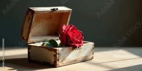 A single red rose gently rests inside an antique wooden box, bathed in soft sunlight on a weathered wooden surface.