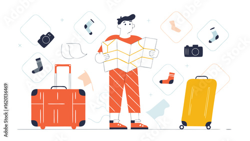 Man with map planning a trip surrounded by luggage cameras and socks in a travel themed illustration