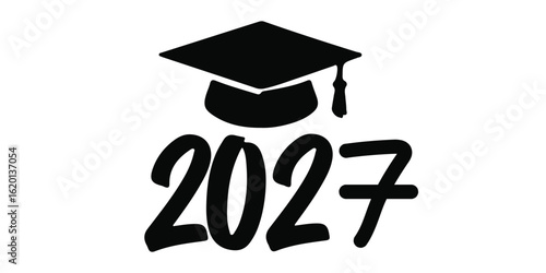 A graduation cap above the year two thousand twenty seven in black on a white isolated background