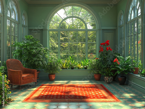 Bright sunroom with large arched windows, vibrant indoor plants, a wicker chair, and a colorful red rug on tiled flooring.
