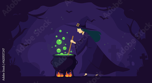 Witch stirring cauldron with bubbling potion in dark forest background  