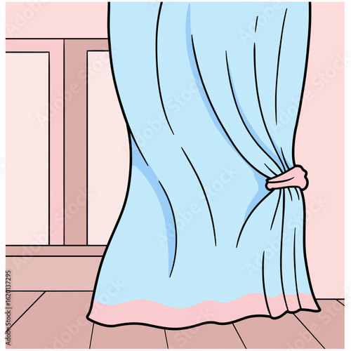 Blue curtain tied back in a room with pale pink walls, concept of Halloween