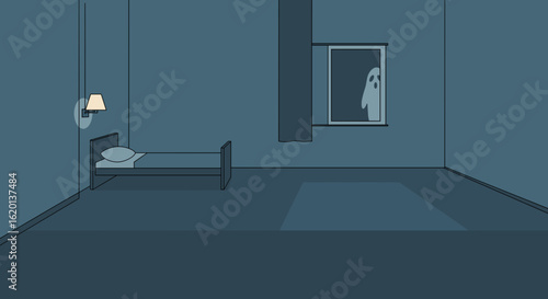Ghostly figure appearing in a dark bedroom window at night  