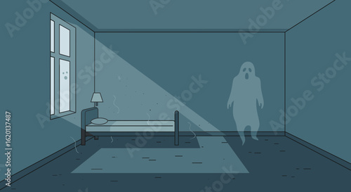 Ghostly figure appearing in an empty bedroom with dim lighting  