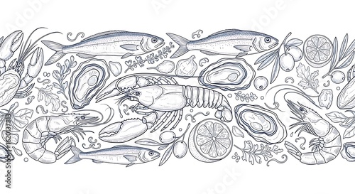 Detailed seafood illustration featuring fish oysters shrimp lobster lemon olives herbs and spices perfect for culinary themed designs and restaurant decorations