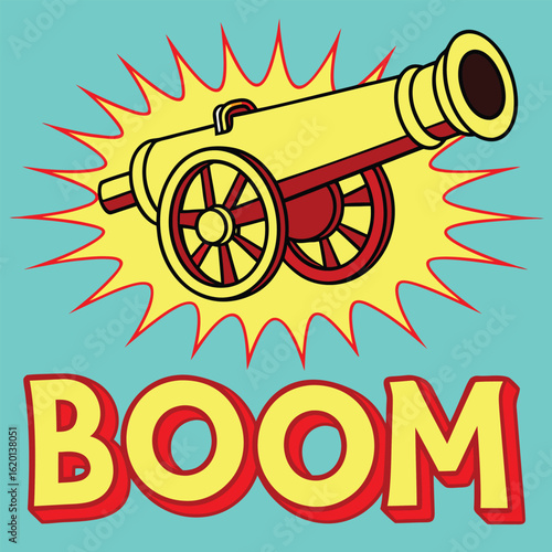 Colorful cartoon-style cannon with exploding boom text and bright background in retro pop art style