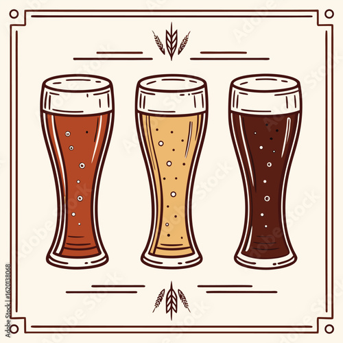 Three different beer glasses with varying colors of brew in a vintage illustration style with wheat motifs