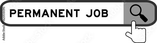 Search banner in word permanent job with hand over magnifier icon on white background