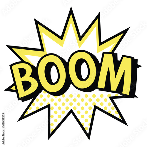 Yellow boom text with dotted comic burst and black outline in pop art retro comic book style