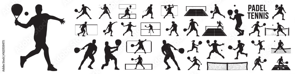 Fototapeta premium Collection of padel tennis player silhouettes in various action poses on a white background design set