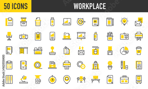 50 Workplace icons. Such as Files, Stationery, Suitcase, Calendar, Desk, Pie Chart, Search, Email, Laptop, Water Dispenser, Settings, Pencil Case, Office Chair, Desk vector stroke illustration.	
