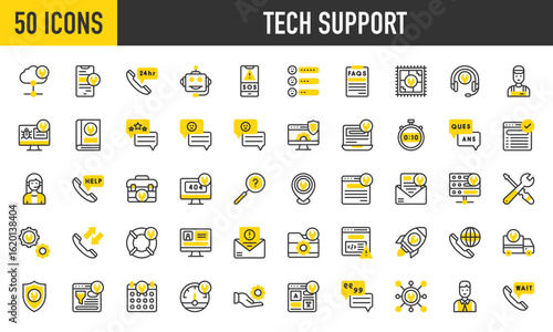50 Tech support icons. Such as Tools, Support, Chat Bot, Server, Virus, Network, Translate, Laptop, Mobile Service, User, Email, Browser, Waiting, Testimonial, Solved vector stroke illustration.	
