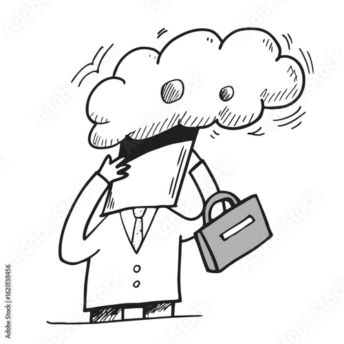 Conceptual black and white illustration of a businessman with a cloud instead of a head, holding a briefcase