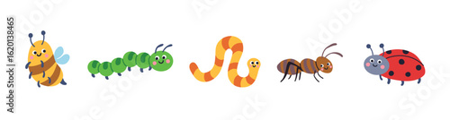 Cute insects illustration set, vector, simple, flat design for children's posters, books, backgrounds and  children's room decoration. Insects collection, isolated on a white background
