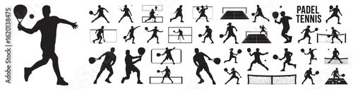 Collection of padel tennis player silhouettes in various action poses on a white background design set