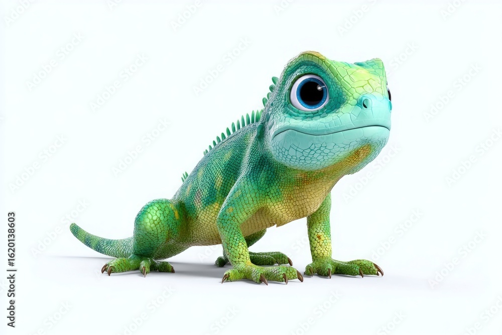 Fototapeta premium 3D cartoon lizard green with big blue eyes standing on white background
