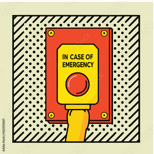 Emergency red button on wall with “In case of emergency” text in bold yellow and red colors