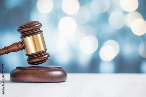 wooden gavel with a gold band on a white table, with a bokeh background of blue light and a blurred office space, concept of law or justice in a court case, with frames for text and banner design
