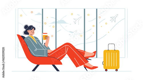 Woman in airport lounge relaxing with coffee and suitcase near the window watching airplanes fly by