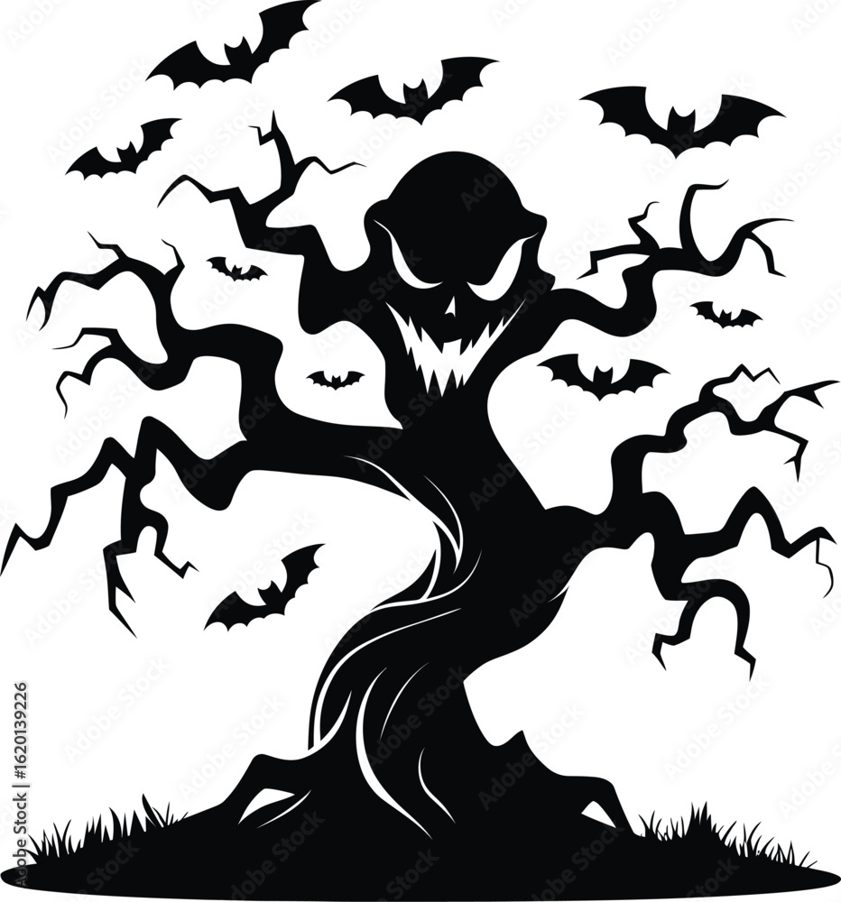 Scary Halloween Tree with Evil Face, Bats, Twisted Branches, Spooky Haunted Illustration Scary Halloween Tree with Evil Face, Bats, Twisted Branches, Spooky Haunted Illustration