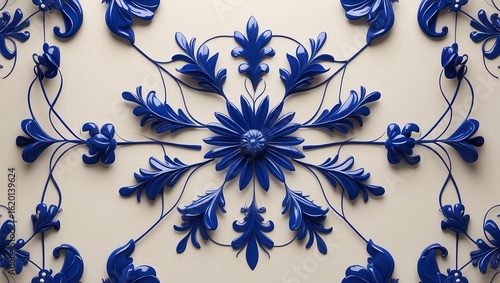 Intricate blue floral motif with symmetrical patterns on a cream background