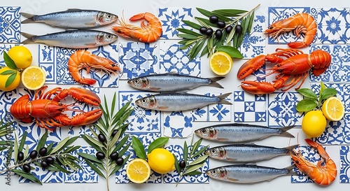 Fresh Seafood Arrangement with Sardines Shrimp Lobster Olives and Lemons on Blue and White Patterned Tiles Overhead Flat Lay