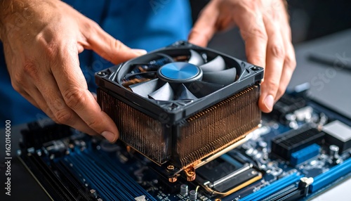 Installing CPU cooler on computer motherboard.