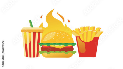 Illustration of a burger with flames, a drink with a straw, and a box of french fries together nicely