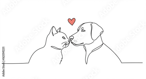 Cat and dog in affectionate pose with heart symbol in outline style  