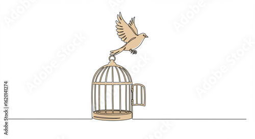 Bird flying above an open cage in a single line outline vector  