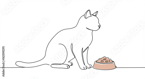 Cat sitting beside food bowl in single line outline vector style  