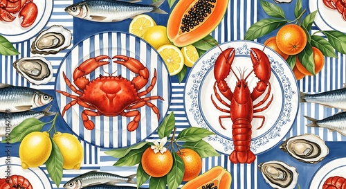 Seafood Medley Still Life with Lobster Crab Fish and Citrus Fruits on Blue Striped Background