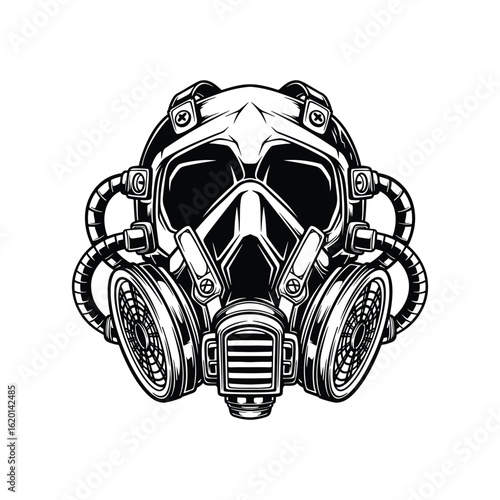 Stylish black and white graphic of a futuristic gas mask, A bold graphic illustration of a stylized gas mask, perfect for a variety of projects