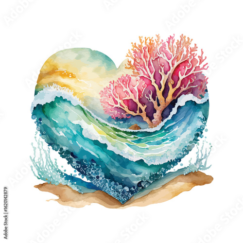 Beach heart Watercolor clipart, Ocean waves, sea froth sea rocks, beach illustration