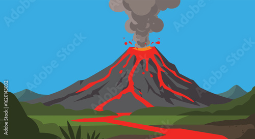 Cartoon Volcano Eruption with Lava Flowing Down Mountain into Green Landscape