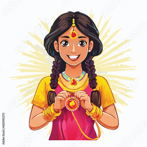 Cartoon illustration of a smiling young Indian girl wearing traditional clothing and jewelry, holding a rakhi against a radiant yellow background.