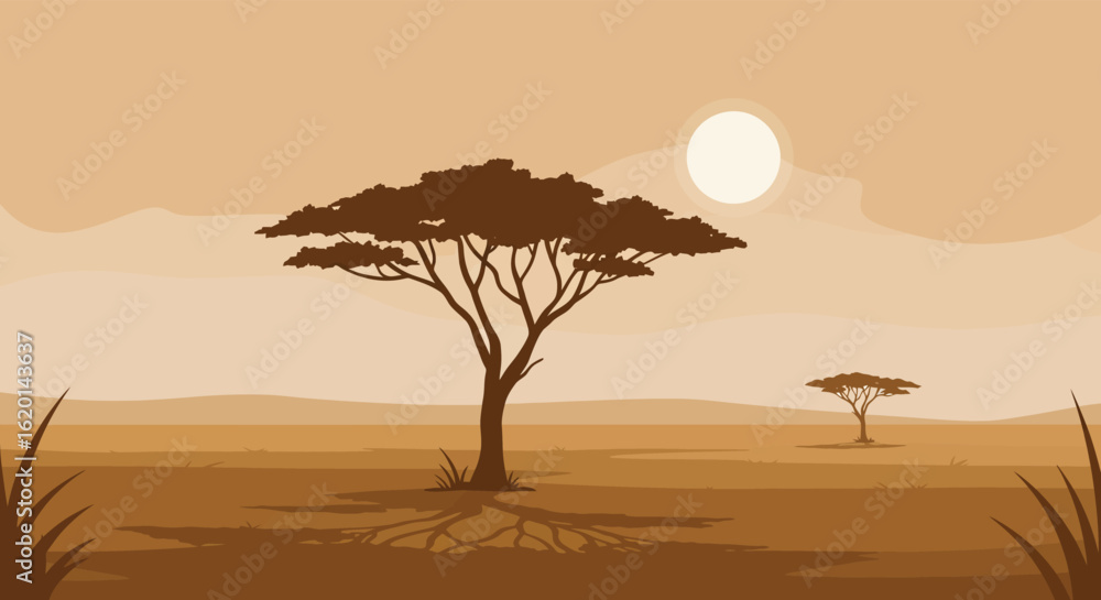 Fototapeta premium African Savannah Landscape with Acacia Tree Silhouette and Sun in Sepia Tones