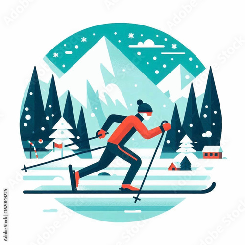 Skier crosscountry skiing in a snowy mountain landscape with coniferous trees and a small red house
