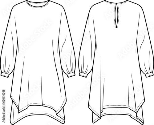 Fashion flat sketch of kids tunic dress with asymmetrical hem, long gathered sleeves, back slit, front and back vector design