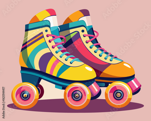 A pair of colorful retro roller skates with yellow wheels, placed diagonally on pastel pink background