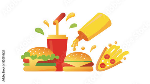 Illustration showing two burgers a red soda cup pizza slice and a mustard bottle with sauce spilling 99 char
