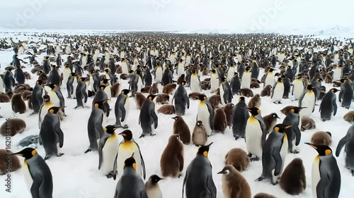 Aerial view a colony of king penguins (Aptenodytes patagonicus) and chicks on South Georgia and the Sandwich Islands, Antarctica. 
