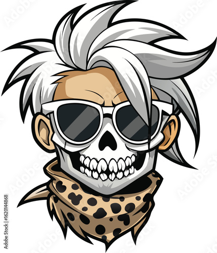 Stylish Skull Face Mask Mascot: Edgy Cartoon Character with Spiky Hair, Sunglasses, and Leopard Print Bandana;  Cool, Rebellious, and Trendy Design.