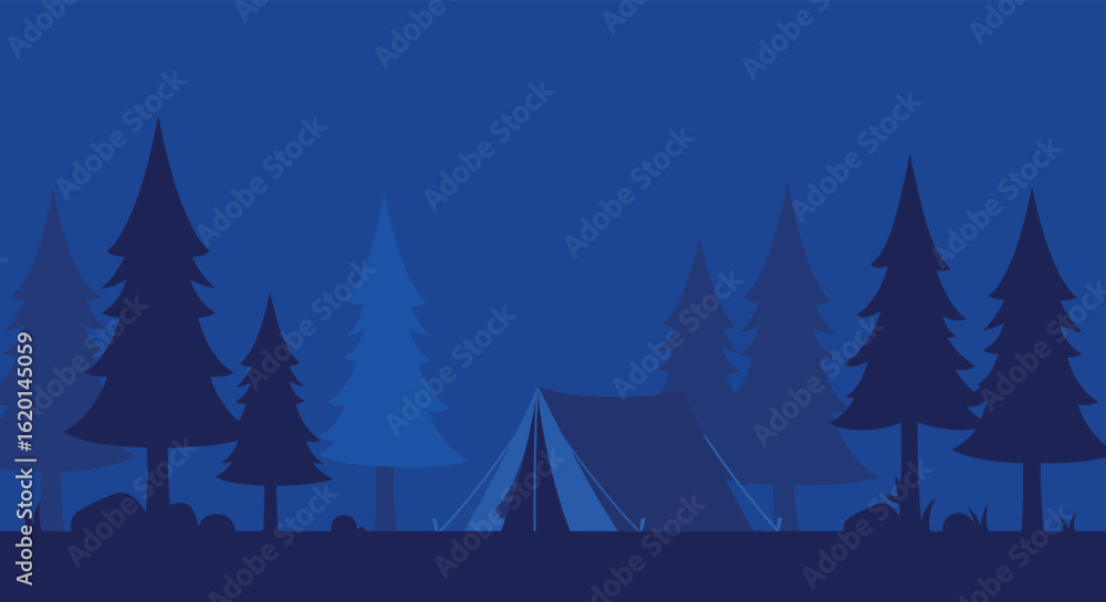 Obraz premium Camping in the Woods at Night with Tent and Pine Trees Silhouette