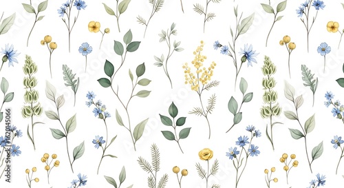 Wallpaper Mural Watercolor Floral Pattern with Delicate Flowers and Green Leaves Seamless Botanical Design for Textiles Wallpaper and Backgrounds Torontodigital.ca