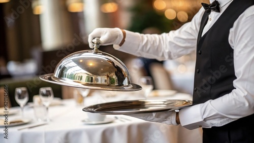 Waiter serving Tray in Fine Dining Restaurant	